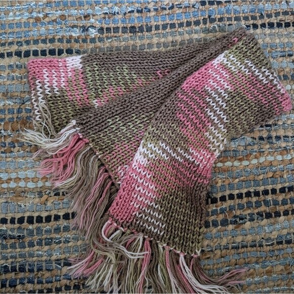 Handmade Scarf 6x66 Pink Green Brown Cream Crochet Fringe Warm Cozy Diamond Boho - Picture 2 of 4